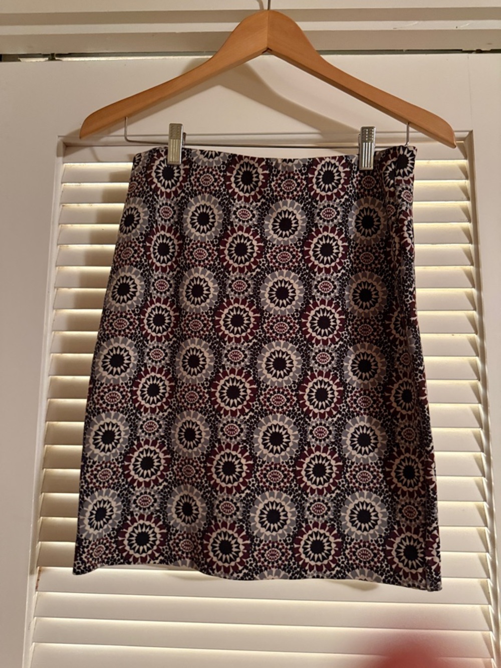 Ann Taylor Mini Skirt in Burgundy, Black, and Cream Medallion Print